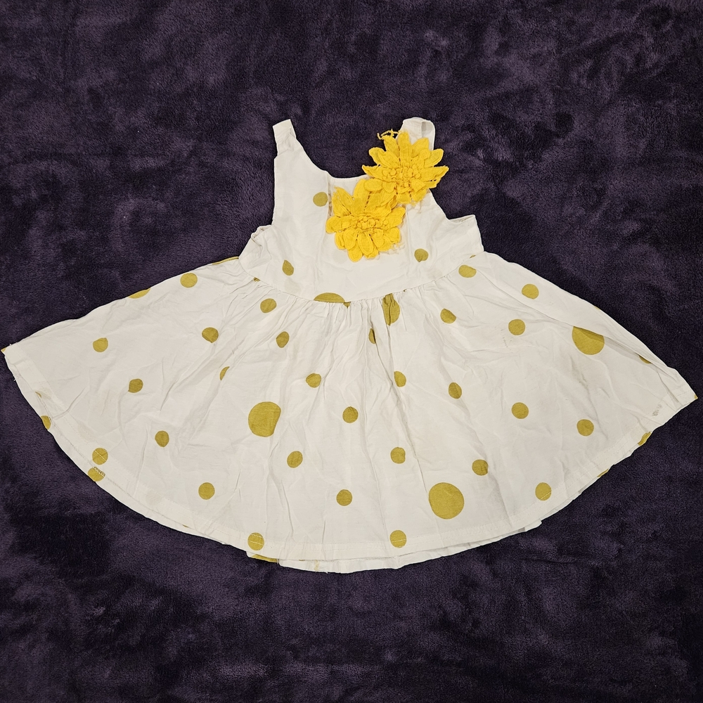 Girls Summer Dress with Yellow Polka Dots and Flower